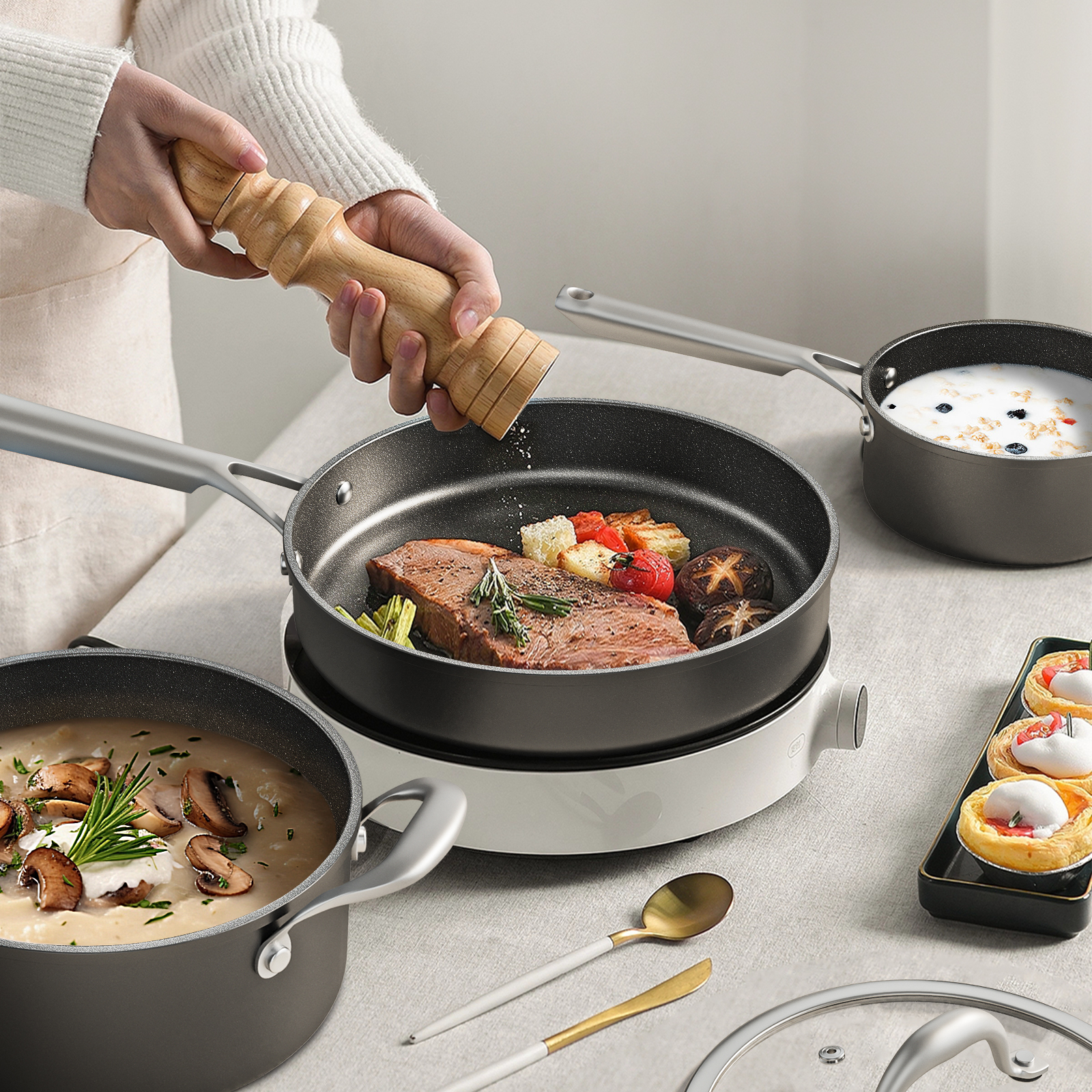 AS-D004 5 Pieces Black Cookware Nonstick Pots and Pans Set