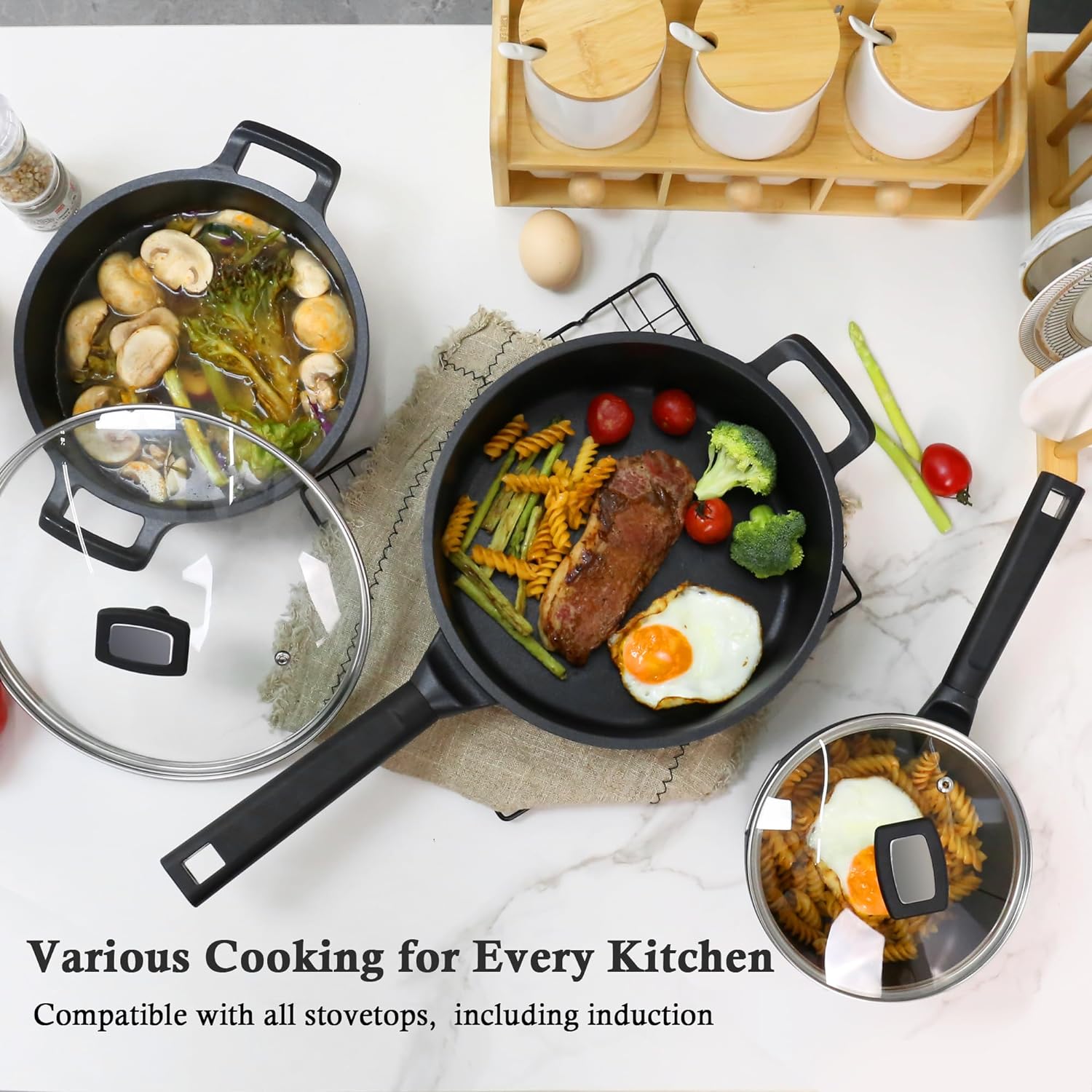 KK5pcs-black 5 Pieces Nonstick Pots and Pans Set Black Aluminum Cookware